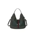 Borsa hobo retrò grigio-verde con borchie vintage e nappe intrecciate colorate - Verde