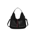 Borsa tote vintage nera con borchie e frange sulla tasca anteriore e tracolla - Nero