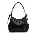 Classic black large capacity faux leather tote bag for women with double front zippers - Black