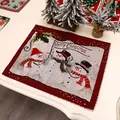 Knitted Christmas placemat featuring festive snowman trio and Merry Christmas flag - Snowman Style B