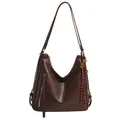 Deep brown faux leather hobo tote bag with long tassel and vintage key accessory - Single Bag / Brown