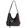 Versatile black PU leather hobo tote bag with vintage key charm and tassel detail - Single Bag / Black