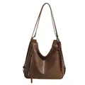 Deep brown matte PU leather hobo tote bag with silver zipper and decorative pendant - Single Bag / Dark Khaki