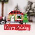 Adorno navideño de madera tipo caravana con techo de cuadros y texto Happy Holidays - Adorno de Caravana Pintada (Q-G50)
