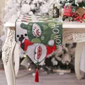 Green Christmas knitted table runner with Santa and snowman patterns and red tassels - Green Santa Claus