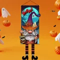 Bannière d'Halloween avec gnome aux longues jambes, texte HELP ME et citrouille - Faucheuse