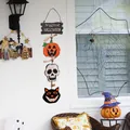 Vertical Halloween hanging sign with Happy Halloween text, pumpkin, skull and black cat - Pumpkin Skeleton Black Cat Style (B25-002-B Wood Pendant)