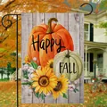 Detail of Happy Fall garden flag with pumpkins and sunflowers on a black metal stand - Sunflower Garden Flag (excluding Flagpole)