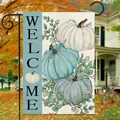 Outdoor garden flag detail showing three pumpkins and Welcome text in autumn courtyard - Blue Pumpkin Garden Flag (flagpole Not Included)