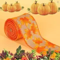 Linen ribbon roll with orange maple leaf print for Harvest and Thanksgiving gifts - 1 Pc Gray Maple Leaf Ribbon