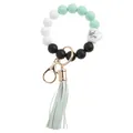 Detail of silicone bead keychain with leather tassel and Girl Boss coffee cup charm - Cyan Coffee Cup