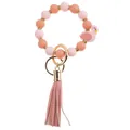 Detail of pink silicone bead bracelet keychain with flamingo charm and faux leather tassel - Pink Orange Flamingo (PZ230824931)
