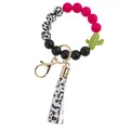 Silicone bead keychain bracelet with cactus charm and leopard print tassel accessory - Pink Cactus (PZ230824931)