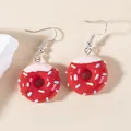 Sweet red donut earrings with pink frosting and colorful sprinkles for a cute look - Donut / Red