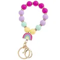 Detail of colorful silicone beaded keychain with rainbow charm and gold metal hook - Purple Green Rainbow Keychain Bracelet