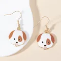 Cute enamel puppy dog earrings with brown patches and pink tongue on gold hooks - Brown