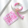 Silicone beaded wristlet keychain with heart print PU leather card holder and tassel - Light Pink Heart Style