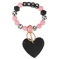Pink and leopard silicone bead MAMA keychain with black leather heart love pendant - Flesh Heart