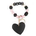 Portachiavi con perline di silicone rosa e nere MAMA e ciondolo a cuore in pelle nera - Cuore Rosa Floreale