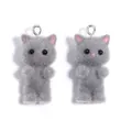 Cute grey flocked kitten charms with pink ears and metal ring for DIY jewelry making - 17*38mm / Grey Cat