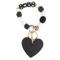 Black and white beaded MAMA bracelet keychain with black leather heart charm - White Heart Floral