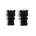 Detailed view of two cute black flocked cat charms with soft velvet texture and silver rings - Black Cat