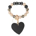 Leopard print and beige silicone bead MAMA bracelet with black heart leather charm - Brown Heart