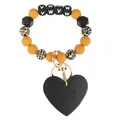 Orange and leopard bead mama keychain with black leather heart charm and golden ring - Amber Heart