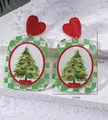 Christmas acrylic earrings with green checkerboard Xmas tree pendant and red heart studs - Rectangle Christmas Tree (5148221121007)
