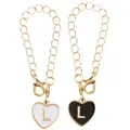 Golden heart charm keychain with letter L and black and white enamel finish - Black and White-Letter L