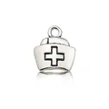 Macro detail of antique silver nurse hat charm with embossed cross and metallic texture - Antique Silver Nurse Hat 11x12mm