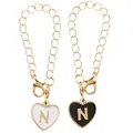 Golden heart pendant keychain with letter N in black and white enamel finish - Black and White-Letter N