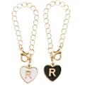 Golden heart charm chain with letter R in black and white enamel finish for bags - Black and White-Letter R