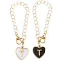 Golden heart-shaped letter T keychain charms in black and white enamel finish - Black and White-Letter T