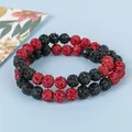 Bracelet double couche style hip hop avec perles disco pavées pour hommes et femmes - Bracelet Élastique 40cm Noir Rouge