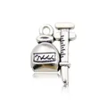 Detailed view of silver medical-themed charms featuring an infusion bag and syringe - Antique Silver Syringe & Bag 13x18mm