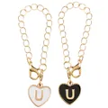 Heart-shaped alphabet U charms with gold chain in black and white finish - Black and White-Letter U