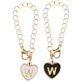 Golden heart charm with letter W in black and white enamel finish with lobster clasps - Black and White-Letter W