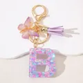 Pink sequin resin letter B keychain with purple butterfly and leather tassel charms - Letter B Purple Tassel