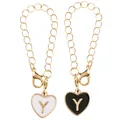 Double heart alphabet Y charm keychain with gold chain and lobster clasp - Black and White-Letter Y