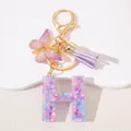 Detailed view of resin letter H keychain with pink heart sequins and purple tassel decor - Letter H Purple Tassel