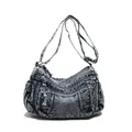 Borsa vintage in denim con tasche a cerniera a tre livelli e tracolla regolabile - Blu