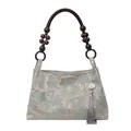 Blue-grey embroidered tote bag with wooden bead handle and silk tassel accent - Blue