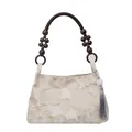 Elegant ivory satin tote bag featuring floral embroidery and wooden bead handles - Khaki