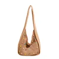 Japanese style apricot woven tote bag with colorful pearls and integrated shoulder strap - Khaki
