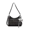 Dark grey tweed hobo bag with rhinestone sequins, leather base and silver charms - Single Bag / Black