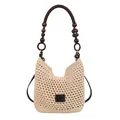 Beige gehaakte shopper met donkere houten kralen handgrepen en een lederen patch - Zwart Klein