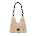 Beige handgeweven draagtas met holle breistructuur en handvat van houten kralen - Zwart Groot