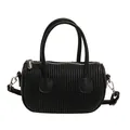 Black cylinder pleated leather crossbody bag with top handles and silver metal zipper - Black