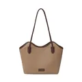 Minimalist large capacity khaki leather tote bag with brown handles for daily commute - Single Bag / Khaki